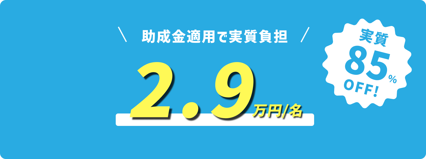 助成金適用で実質負担2.9万円/名 実質85%OFF!